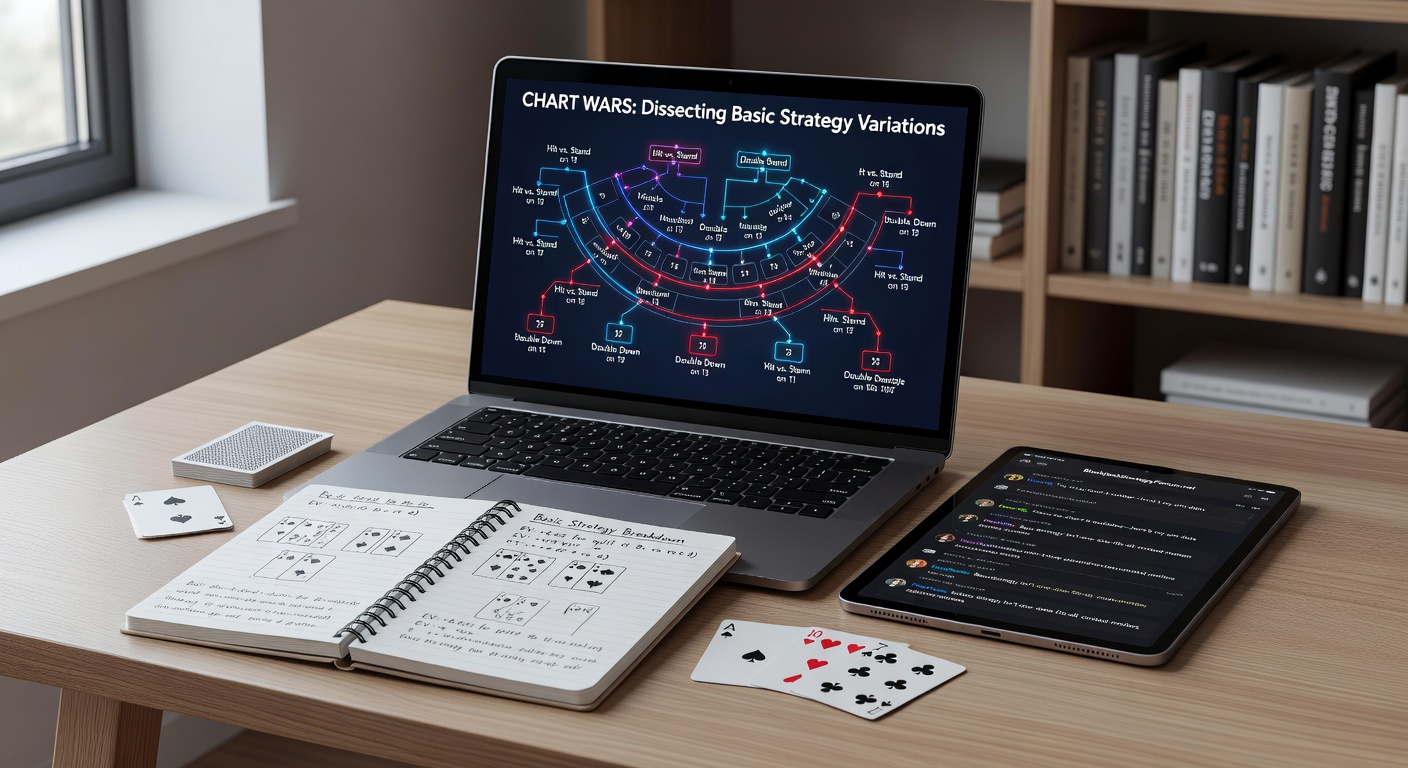 Vibrant depiction of animated blackjack strategy charts clashing like gladiators in a digital arena, symbolizing heated forum debates over optimal plays