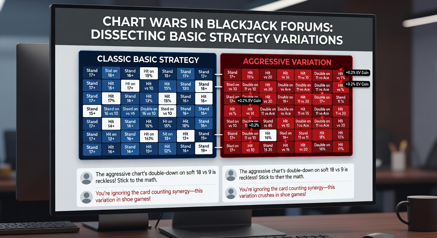 Close-up of a blackjack strategy chart highlighting controversial plays like insurance and surrender, with forum comment bubbles overlayed for debate context