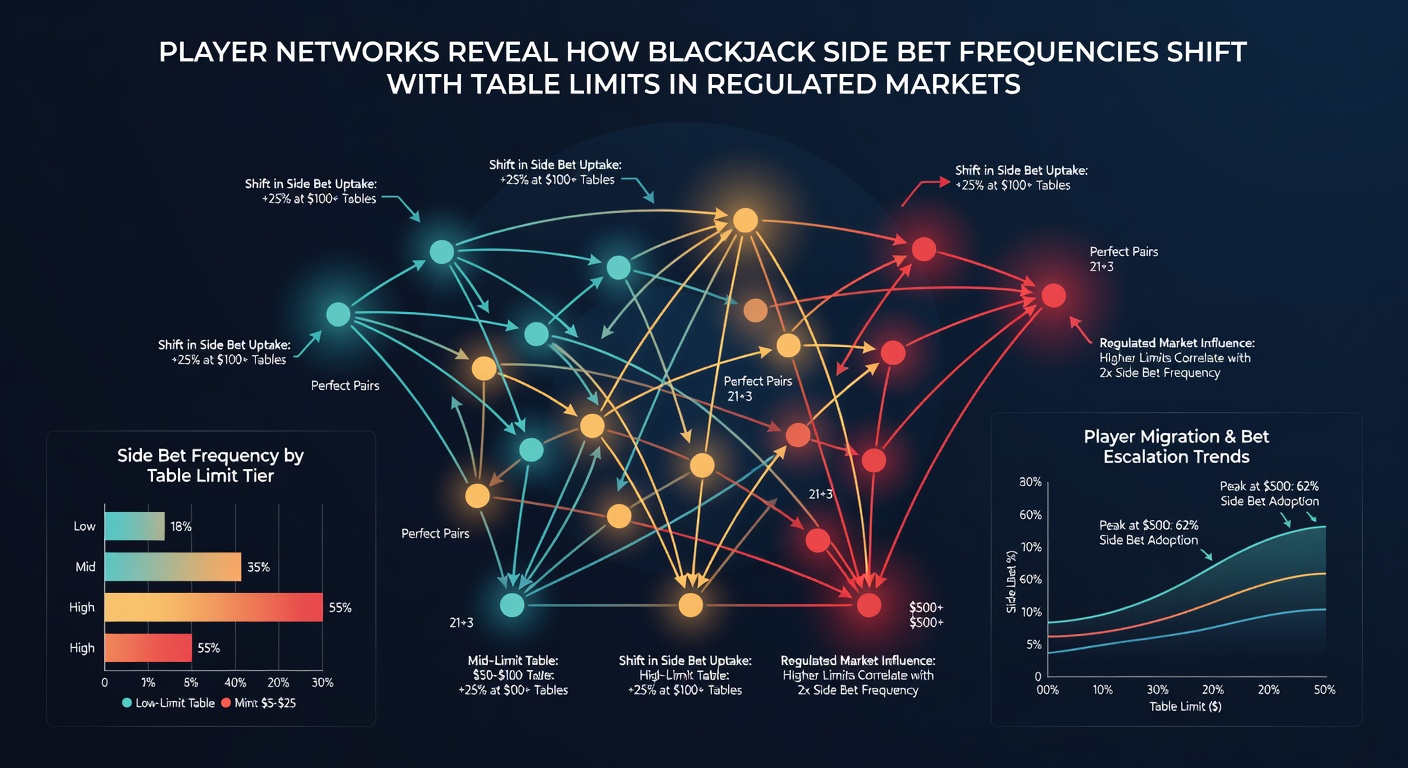 Data visualization dashboard displaying side bet frequency charts across different blackjack table limit tiers