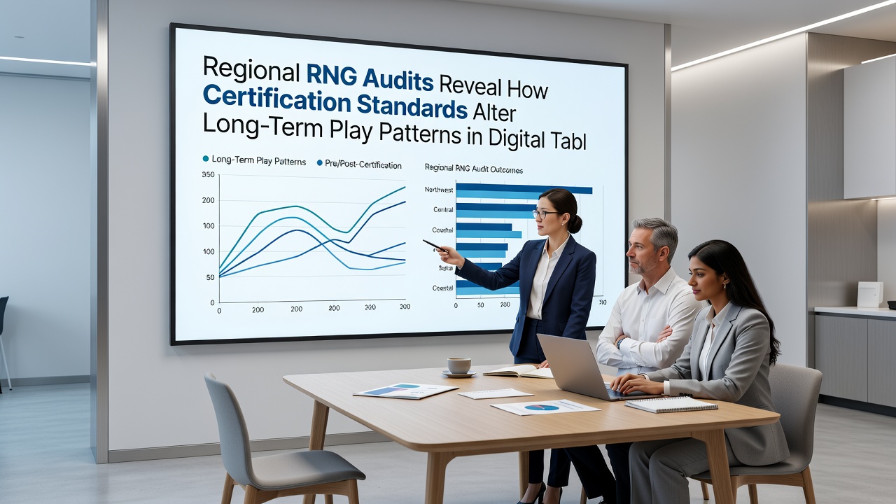 Charts comparing player session lengths and return-to-player consistency across different regional RNG certification standards