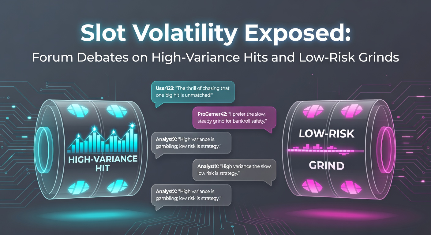 Dynamic illustration of slot reels spinning with exploding wins and steady payouts, capturing the tension between high-variance jackpots and low-risk consistency