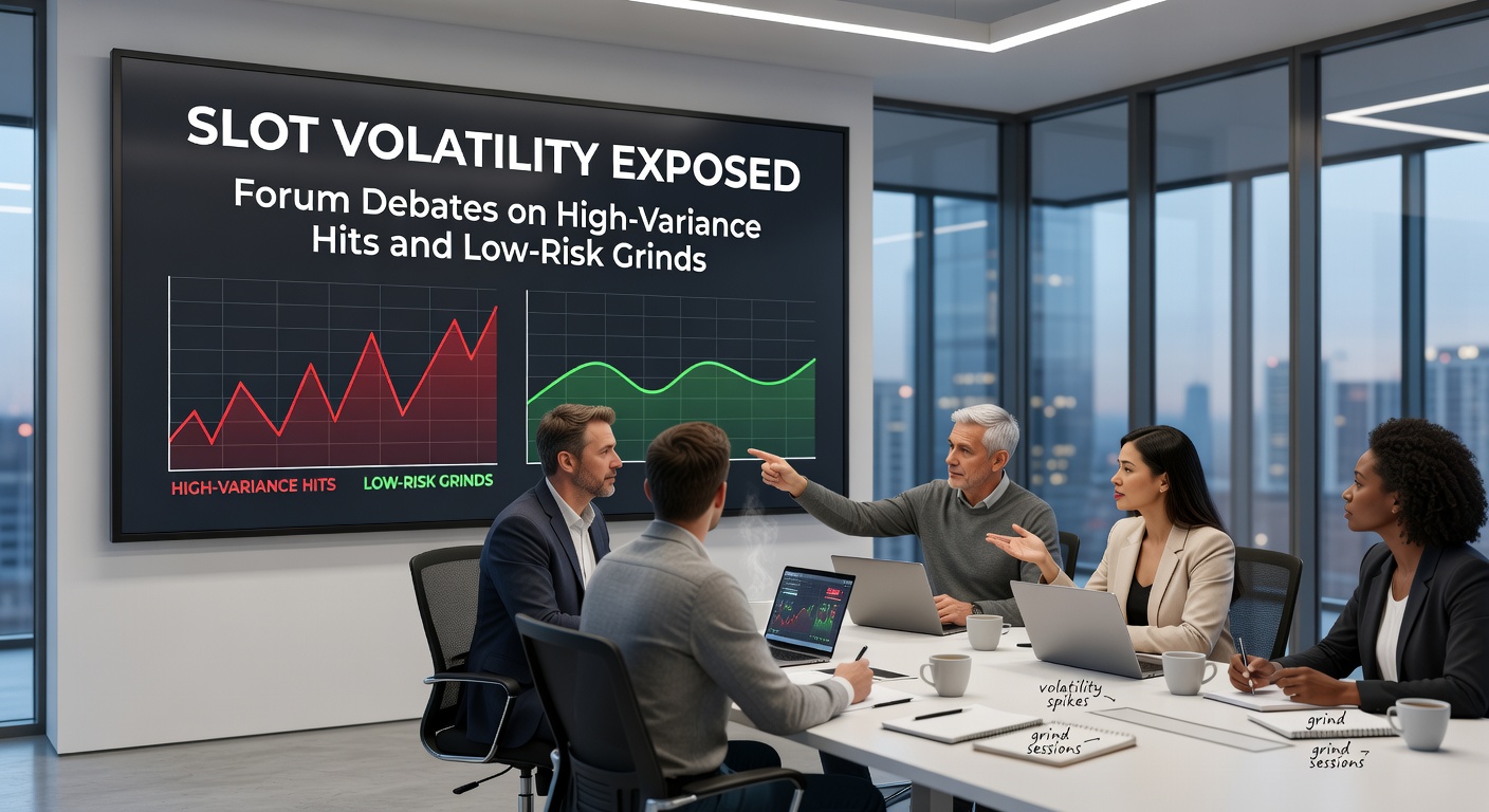 Screenshot-style graphic of online forum threads debating slot volatility charts, with user comments on big wins and grind sessions